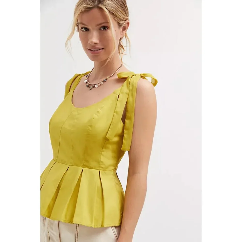 Anthropologie Sunday in Brooklyn Chartreuse Peplum Top Shoulder Tie Size XS - Picture 2 of 7